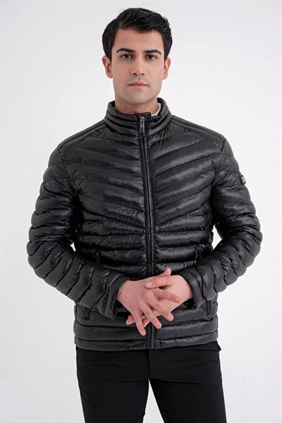 Slim Fit Hakim Yaka Yan Cepli Kaz Tüyü Siyah Şişme Mont MT 176
