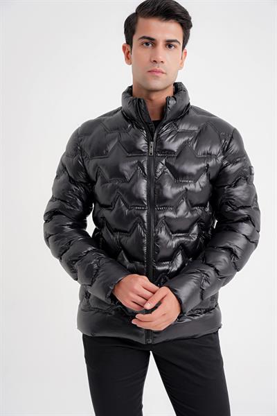 Slim Fit Hakim Yaka Yan Cepli Kaz Tüyü Siyah Şişme Mont MT 175