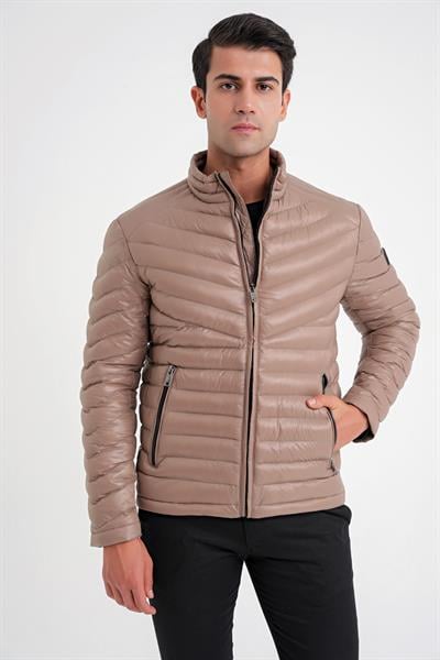 Slim Fit Hakim Yaka Yan Cepli Kaz Tüyü Bej Şişme Mont MT 176