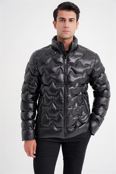 Slim Fit Hakim Yaka Yan Cepli Kaz Tüyü Siyah Şişme Mont MT 175