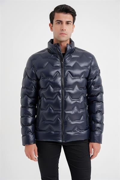 Slim Fit Hakim Yaka Yan Cepli Kaz Tüyü Lacivert Şişme Mont MT 175