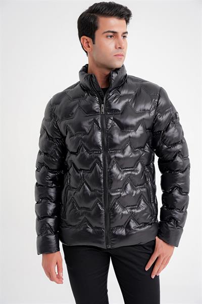 Slim Fit Hakim Yaka Yan Cepli Kaz Tüyü Siyah Şişme Mont MT 175