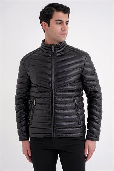 Slim Fit Hakim Yaka Yan Cepli Kaz Tüyü Siyah Şişme Mont MT 176