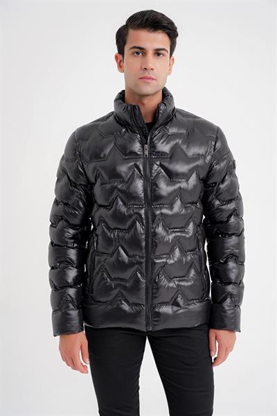 Slim Fit Hakim Yaka Yan Cepli Kaz Tüyü Siyah Şişme Mont MT 175