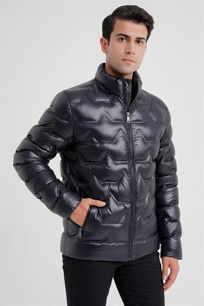 Slim Fit Hakim Yaka Yan Cepli Kaz Tüyü Lacivert Şişme Mont MT 175