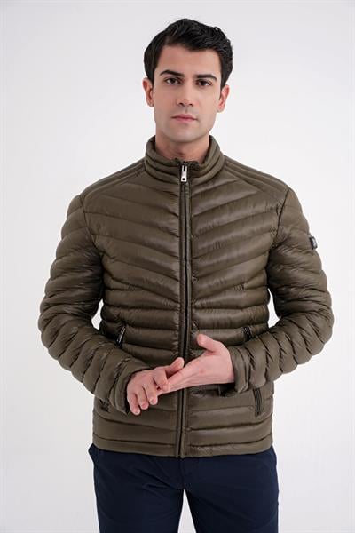 Slim Fit Hakim Yaka Yan Cepli Kaz Tüyü Haki Şişme Mont MT 176