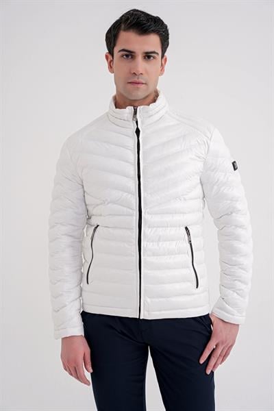 Slim Fit Hakim Yaka Yan Cepli Kaz Tüyü Beyaz Şişme Mont MT 176