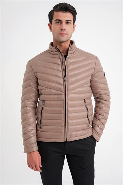 Slim Fit Hakim Yaka Yan Cepli Kaz Tüyü Bej Şişme Mont MT 176