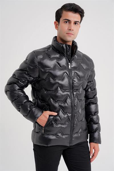 Slim Fit Hakim Yaka Yan Cepli Kaz Tüyü Siyah Şişme Mont MT 175