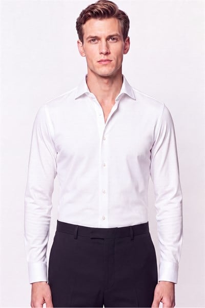 Slim Fit İtalyan Yaka %100 Pamuk Saten Düz Beyaz Gömlek GK 759