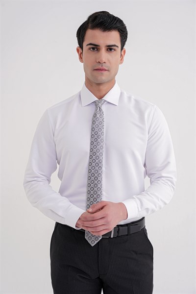 Slim Fit İtalyan Yaka %100 Pamuk Saten Düz Beyaz Gömlek GK 758