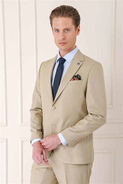 Slim Fit Jakarlı Çift Yırtmaç Klasik Bej Takım Elbise Tk 893