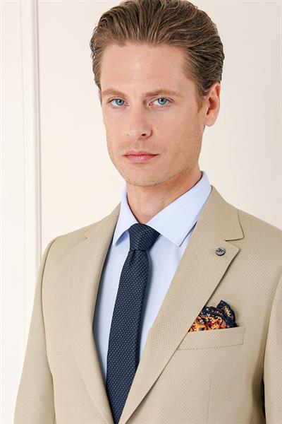 Slim Fit Jakarlı Çift Yırtmaç Klasik Bej Takım Elbise Tk 893