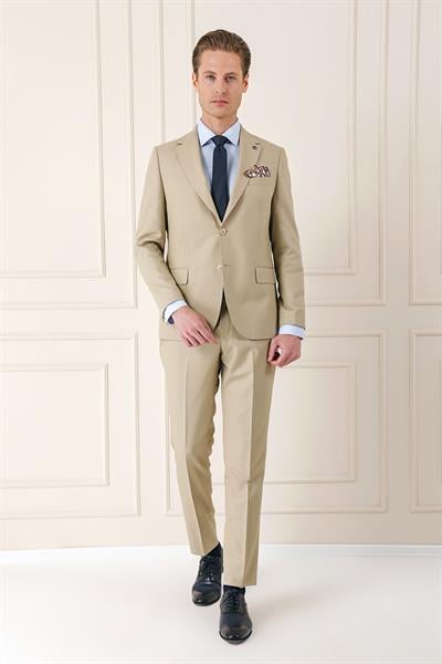Slim Fit Jakarlı Çift Yırtmaç Klasik Bej Takım Elbise Tk 893