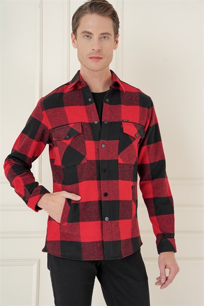 Slim Fit Kapaklı Cep Ekoseli Kırmızı Siyah Yünlü Oduncu Gömlek G 1579
