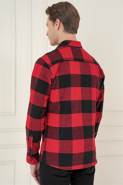 Slim Fit Kapaklı Cep Ekoseli Kırmızı Siyah Yünlü Oduncu Gömlek G 1579