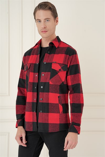 Slim Fit Kapaklı Cep Ekoseli Kırmızı Siyah Yünlü Oduncu Gömlek G 1579