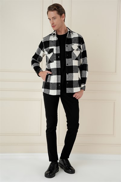 Slim Fit Kapaklı Cep Ekoseli Siyah Beyaz Yünlü Oduncu Gömlek G 1579