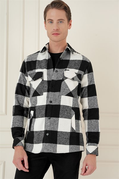 Slim Fit Kapaklı Cep Ekoseli Siyah Beyaz Yünlü Oduncu Gömlek G 1579