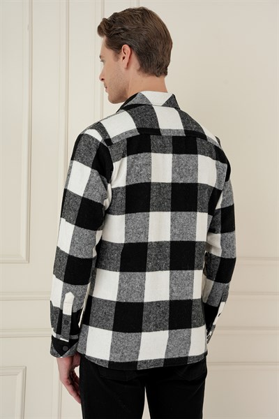 Slim Fit Kapaklı Cep Ekoseli Siyah Beyaz Yünlü Oduncu Gömlek G 1579