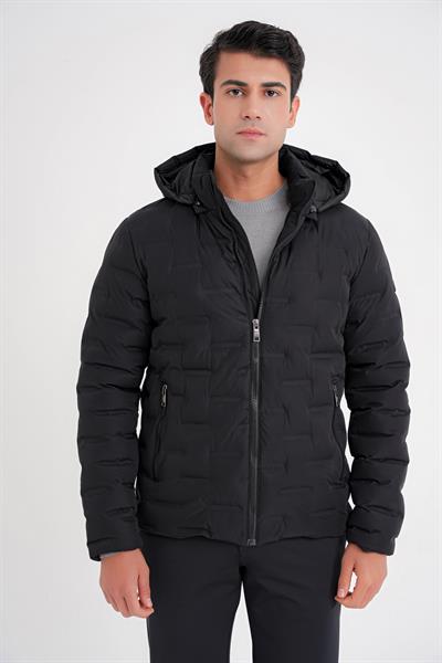 Slim Fit Kapüşonlu Yan Cepli Kaz Tüyü Siyah Şişme Mont MT 177