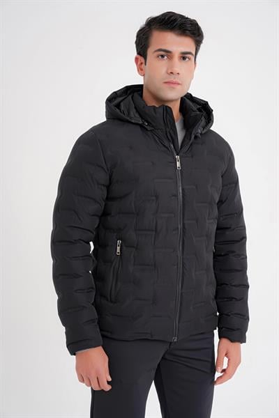Slim Fit Kapüşonlu Yan Cepli Kaz Tüyü Siyah Şişme Mont MT 177