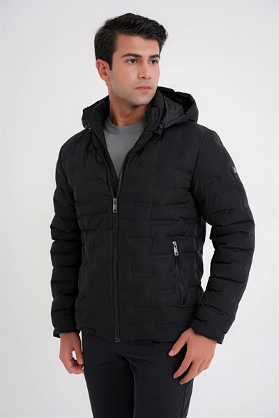 Slim Fit Kapüşonlu Yan Cepli Kaz Tüyü Siyah Şişme Mont MT 177