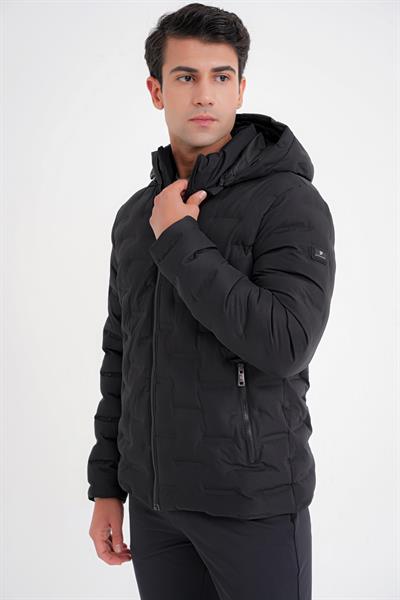 Slim Fit Kapüşonlu Yan Cepli Kaz Tüyü Siyah Şişme Mont MT 177