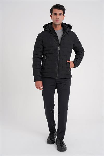 Slim Fit Kapüşonlu Yan Cepli Kaz Tüyü Siyah Şişme Mont MT 177