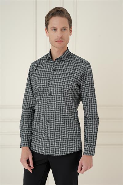 Slim Fit Kazayağı Desenli %100 Pamuk Casual Gri Gömlek G 1585