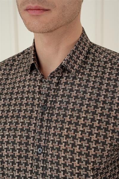 Slim Fit Kazayağı Desenli %100 Pamuk Casual Kahve Gömlek G 1585