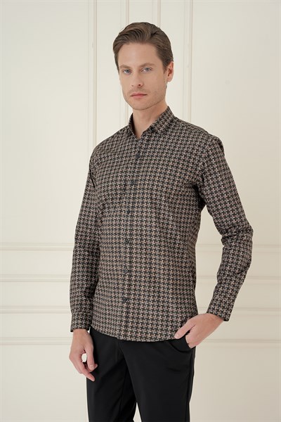 Slim Fit Kazayağı Desenli %100 Pamuk Casual Kahve Gömlek G 1585