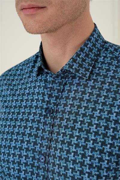 Slim Fit Kazayağı Desenli %100 Pamuk Casual Mavi Gömlek G 1585