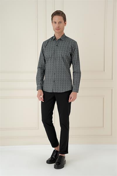 Slim Fit Kazayağı Desenli %100 Pamuk Casual Gri Gömlek G 1585