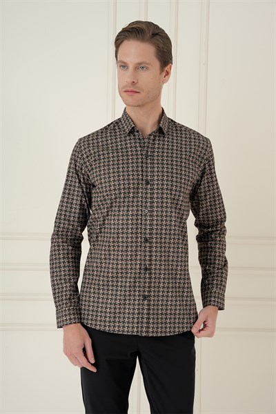 Slim Fit Kazayağı Desenli %100 Pamuk Casual Kahve Gömlek G 1585