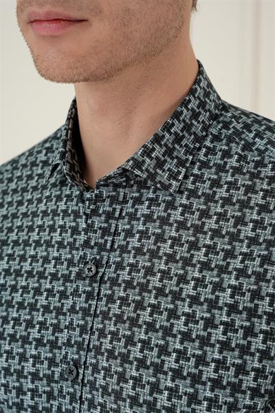 Slim Fit Kazayağı Desenli %100 Pamuk Casual Gri Gömlek G 1585