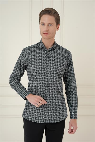 Slim Fit Kazayağı Desenli %100 Pamuk Casual Gri Gömlek G 1585