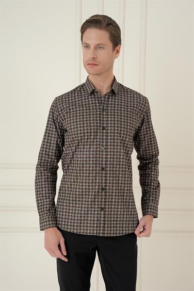 Slim Fit Kazayağı Desenli %100 Pamuk Casual Kahve Gömlek G 1585