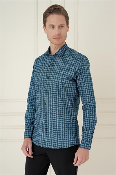 Slim Fit Kazayağı Desenli %100 Pamuk Casual Mavi Gömlek G 1585