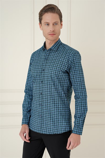 Slim Fit Kazayağı Desenli %100 Pamuk Casual Mavi Gömlek G 1585