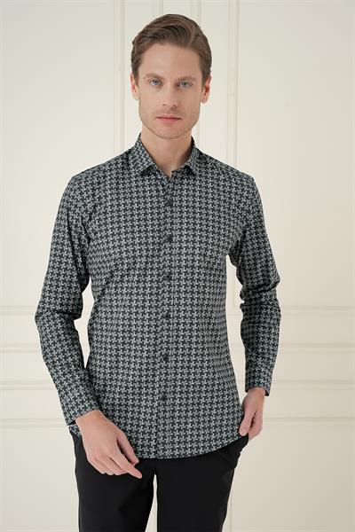 Slim Fit Kazayağı Desenli %100 Pamuk Casual Gri Gömlek G 1585