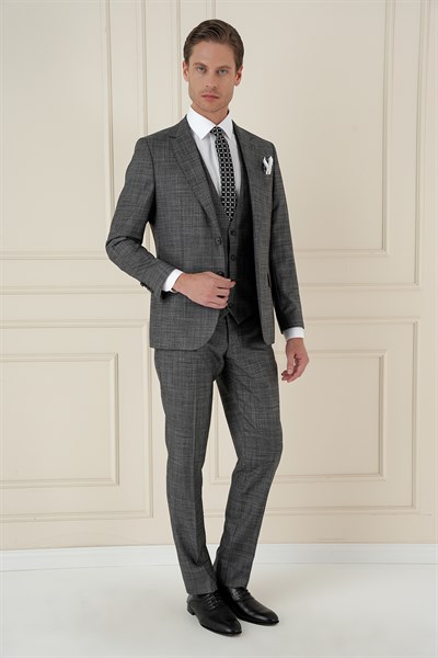 Slim Fit Kırçıllı Dokuma Yünlü Antrasit Yelekli Takım Elbise TK 906