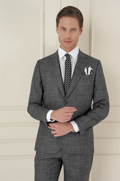 Slim Fit Kırçıllı Dokuma Yünlü Antrasit Yelekli Takım Elbise TK 906