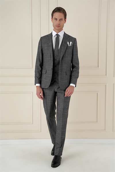 Slim Fit Kırçıllı Dokuma Yünlü Antrasit Yelekli Takım Elbise TK 906