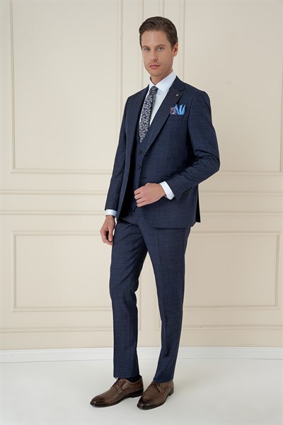 Slim Fit Kırçıllı Dokuma Yünlü Lacivert Yelekli Takım Elbise TK 906