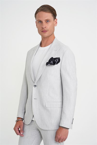 Slim Fit Kırlangıç Yaka Balıksırtı Desen Açık Gri Ceket C 702