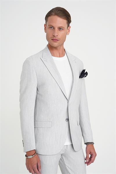 Slim Fit Kırlangıç Yaka Balıksırtı Desen Spor Açık Gri Ceket C 702
