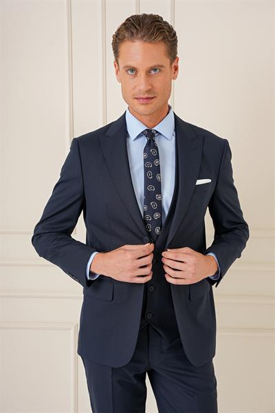 Slim Fit Kırlangıç Yaka Çift Yırtmaçlı Yelekli Klasik Lacivert Takım Elbise Tk 895