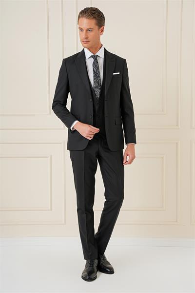 Slim Fit Kırlangıç Yaka Çift Yırtmaçlı Yelekli Klasik Siyah Takım Elbise Tk 895