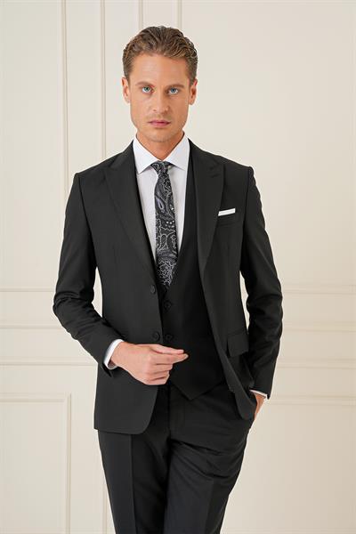 Slim Fit Kırlangıç Yaka Çift Yırtmaçlı Yelekli Klasik Siyah Takım Elbise Tk 895
